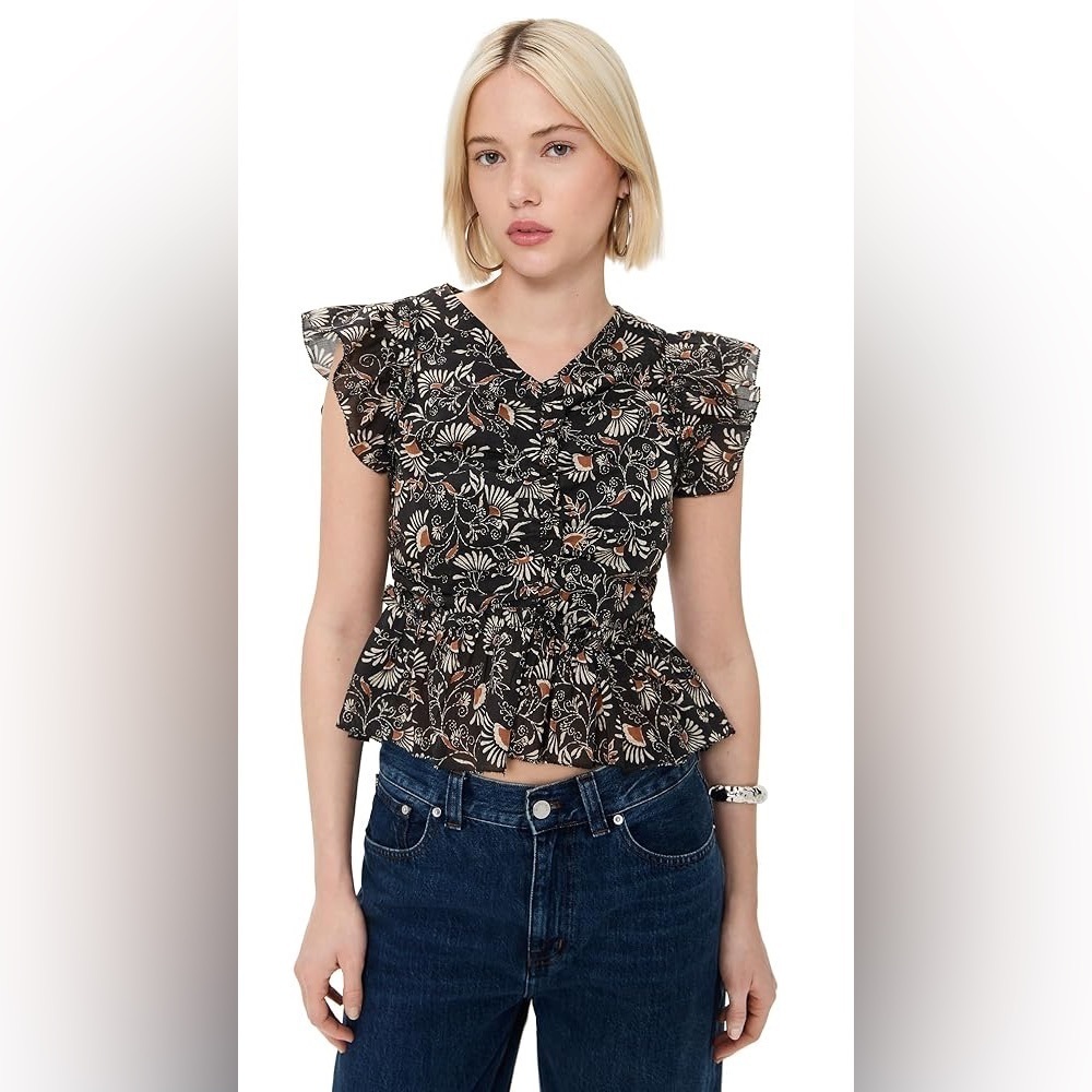 Rails Cali Cassia Floral Flutter Sleeve Peplum Top XS Black 100% Cotton